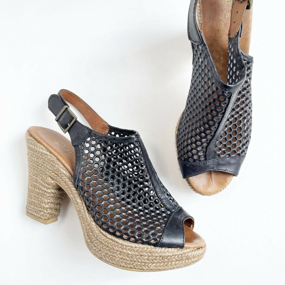 Eric Michael Black Perforated Leather  Jayden Slingback Espadrilles Size 8.5